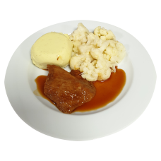 Hamlap(v) vleesjus, bloemkool met saus, aardappelpuree
